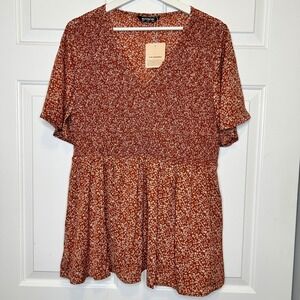 BLOOMCHIC Burnout Floral Smocked V Neck Flutter Sleeve Peplum Blouse US 12